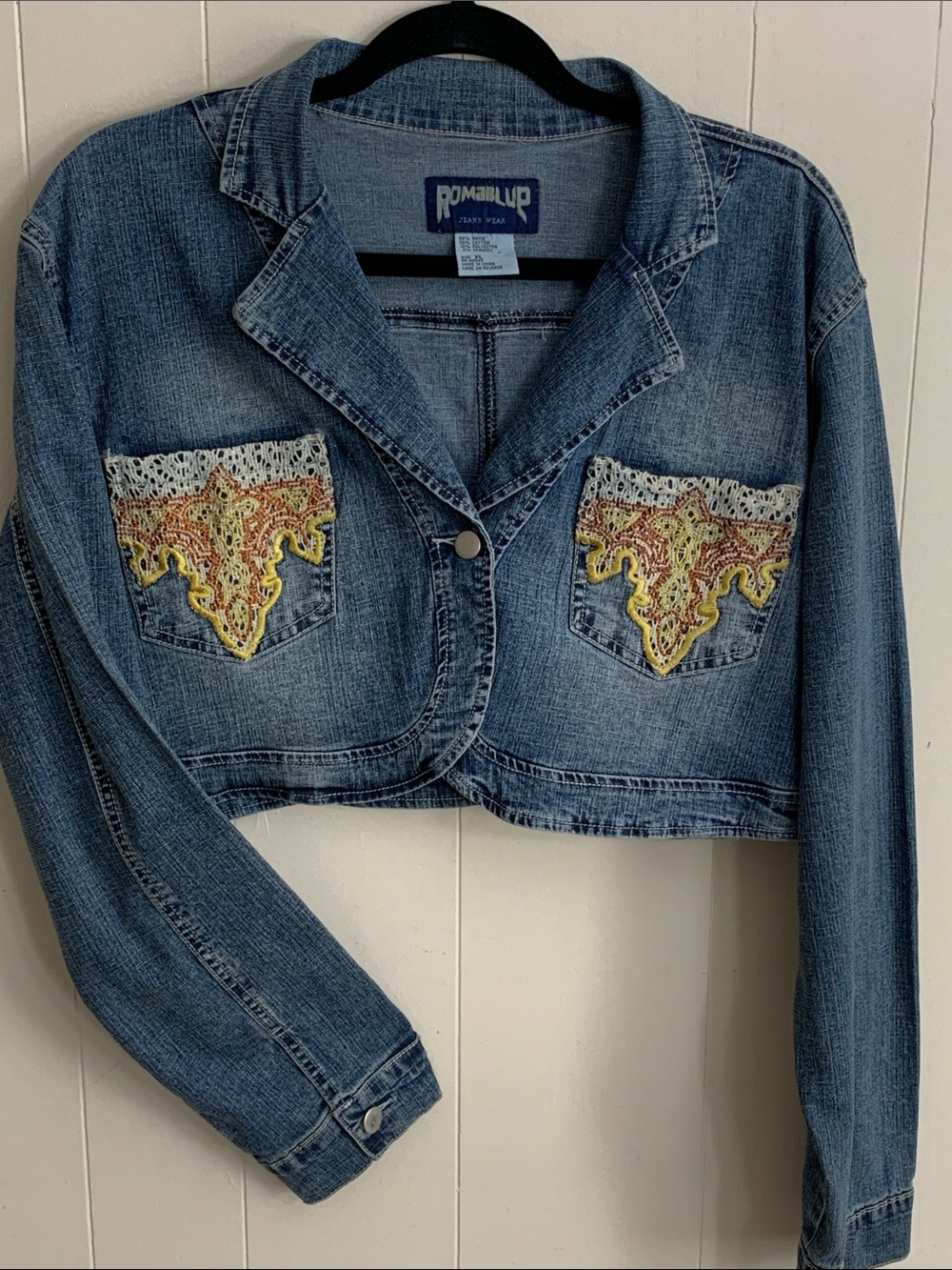 Cropped Denim Jacket Embroidered Pockets by Romablue SizeXL